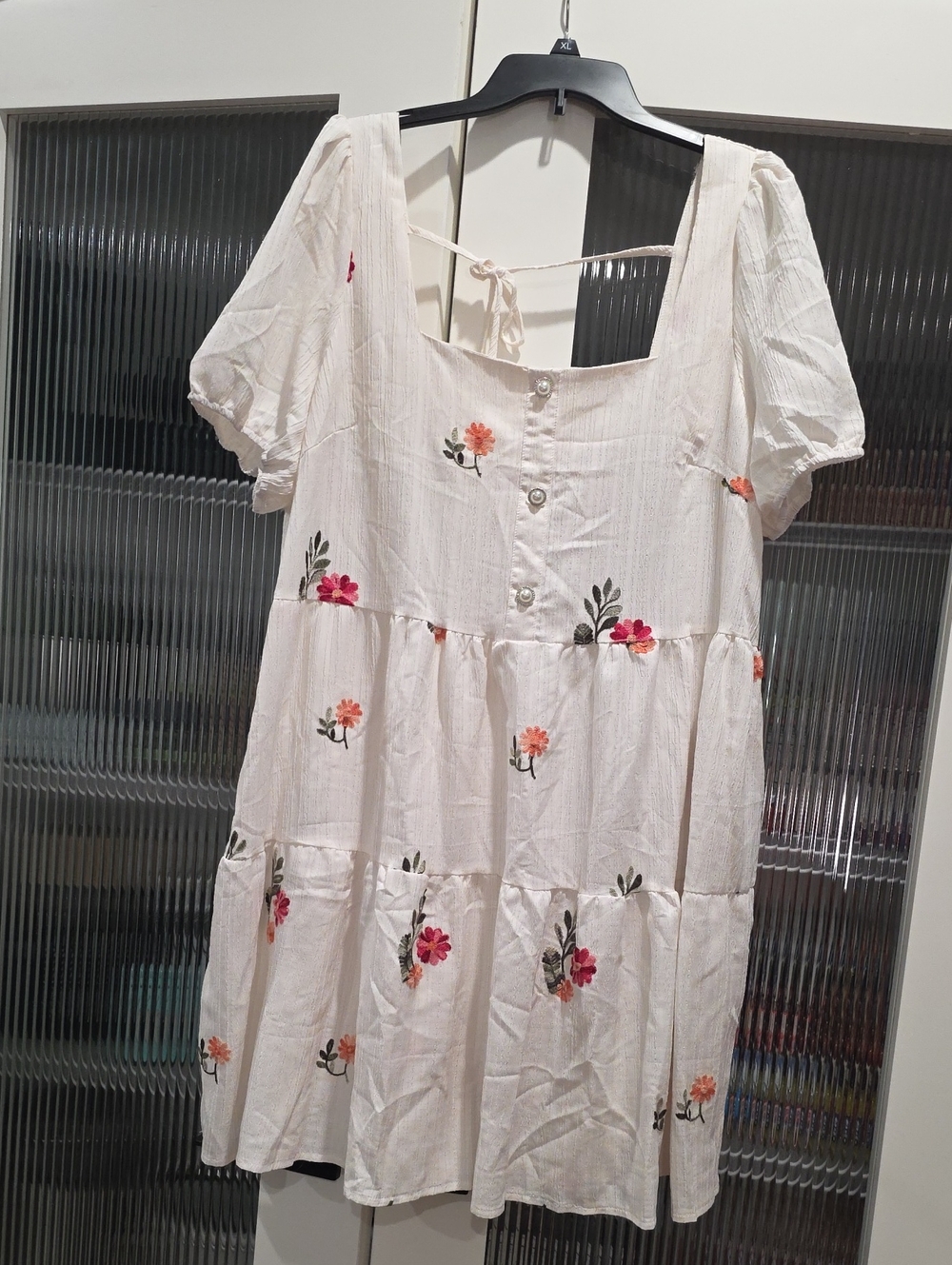 SHEIN White Floral Tiered Mini Dress with Pink & Coral Embroidery